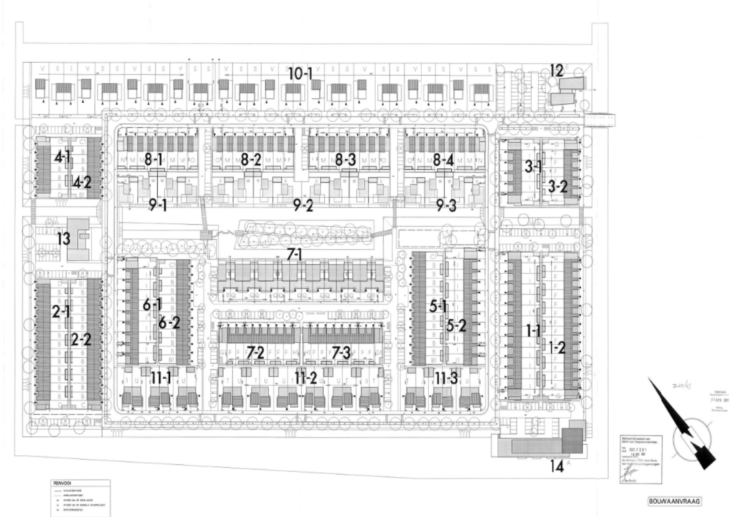 Plattegrond van eiland 1 waarin de diverse woningtypes staan aangegeven